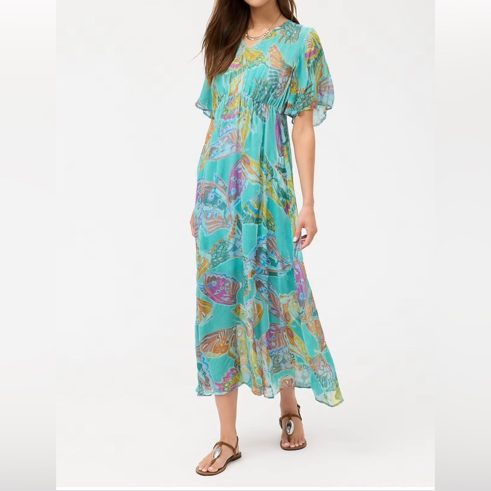 Johnny Was Elegant Burnout Aqua/ Green Butterfly Print Maxi Dress, S. NWT.